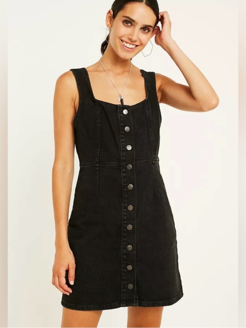 Urban Outfitters Black Button-Front Denim Mini Dress Size: 6
